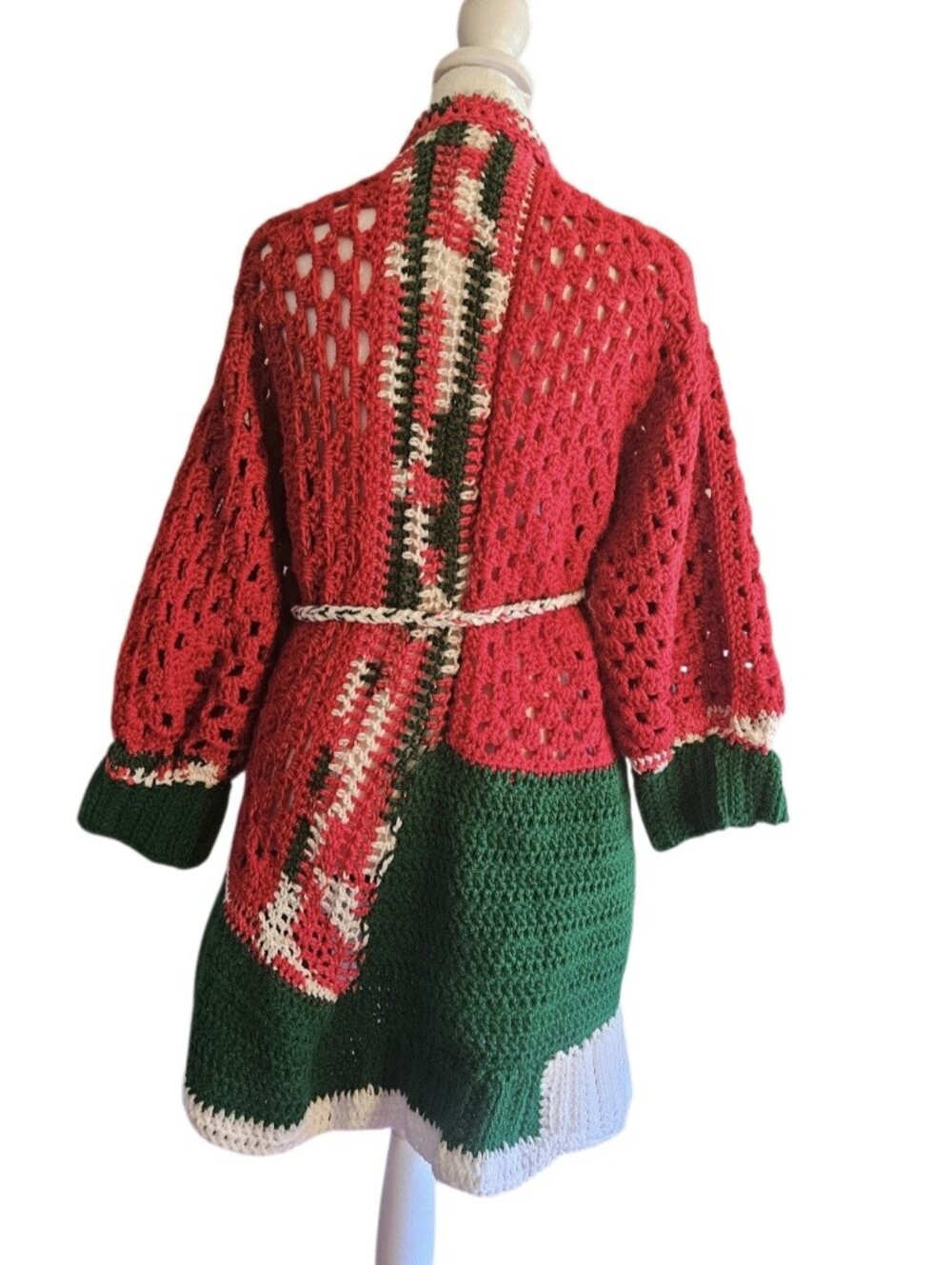 Handmade Crochet Christmas Cardigan Red Green White Grannycore OOAK Sweater - Picture 9 of 17